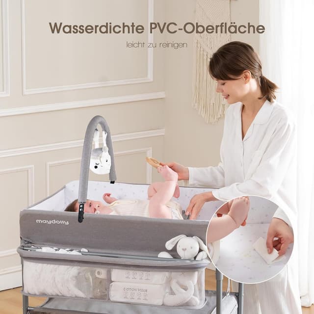 Detalle 2 de Maydolly tragbarer Wickeltisch – faltbar, höhenverstellbar, mit Rädern und wasserabweisendem Sitzkissen (Grau)