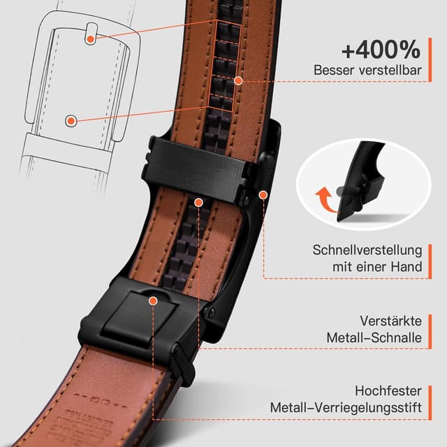 Detalle de TANGCHAO Herren-Gürtel mit Ratsche (Automatikschließe) aus Leder, 35 mm – ohne Löcher, größenverstellbar