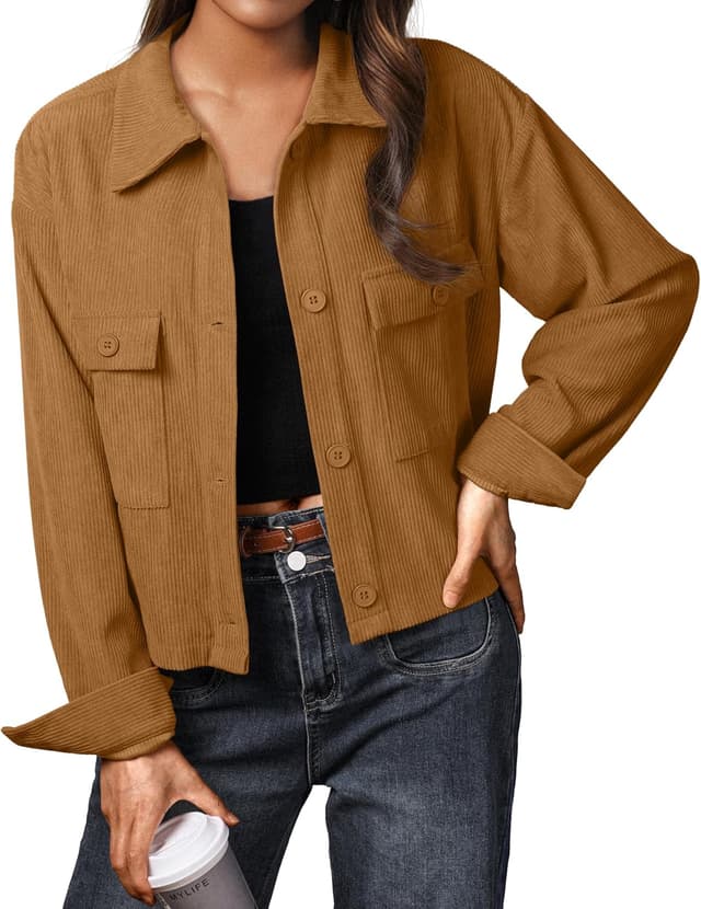 Detalle 2 de IWOLLENCE Cordjacke Damen Hemdjacke Cordhemd – kurze Shacket mit Revers und Knopfleiste