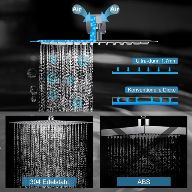 Detalle de JOHO pommeau de douche pluie 40×40 cm avec bras 37 cm en acier inox SUS304