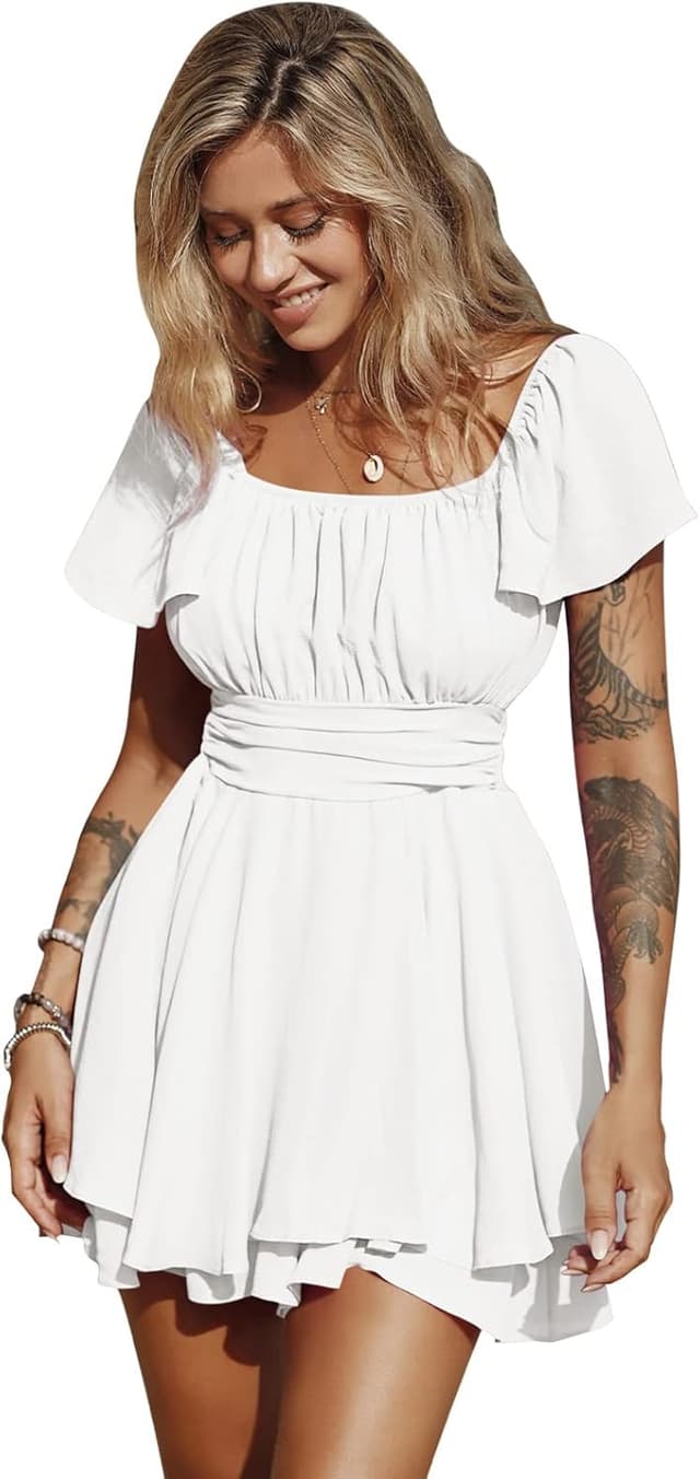 Detalle de EXLURA Women’s 2026 Summer Ruffle Short Sleeve Tie-Back Romper Dress (Square Neck)