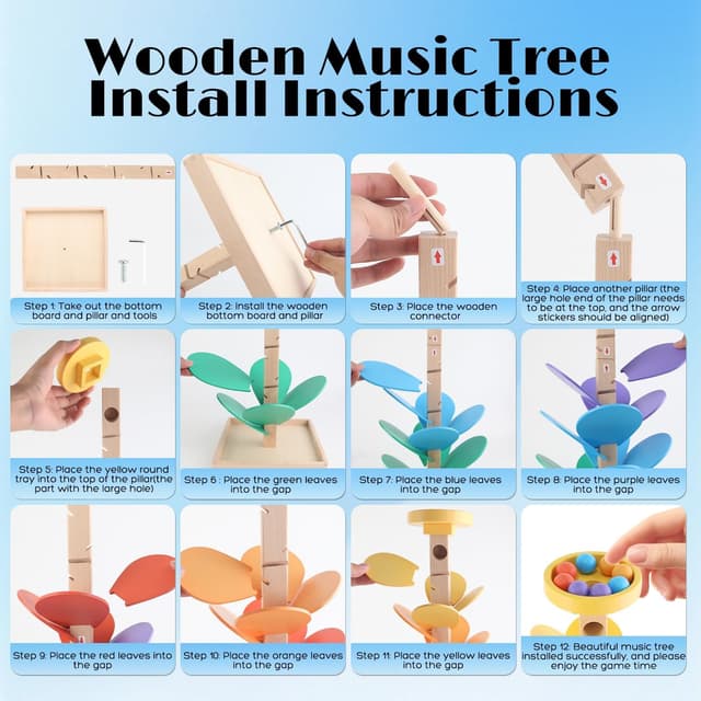 Detalle de Wooden Marble Run Music Tree Toy for Kids (49-Piece Set, Ages 3–5)