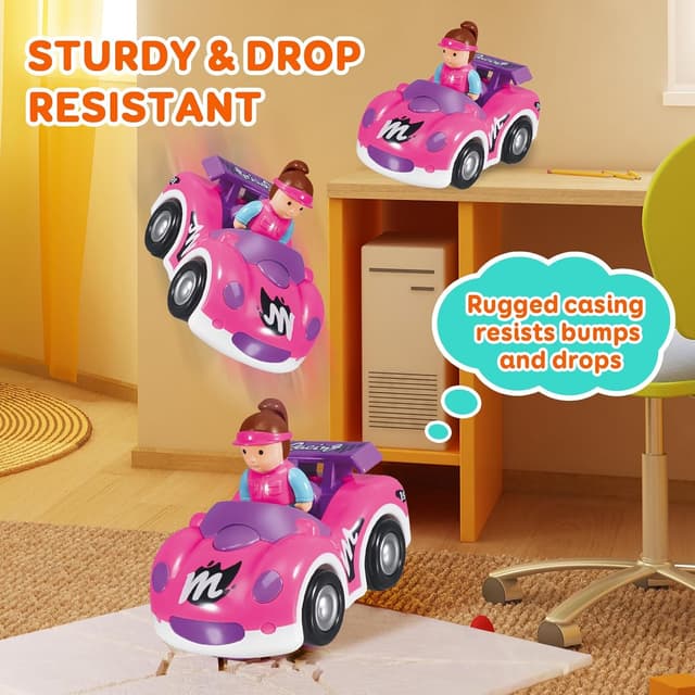 Detalle de Pup Go RC Race Car for Toddlers (18 Months+) with Horn Sounds, Flashing Lights & 2 Removable Dolls – Pink Purple