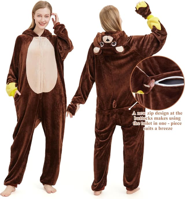 Detalle 2 de Costume onesie adulte Ezuwail en forme d’ours, avec capuche et fermeture éclair dissimulée