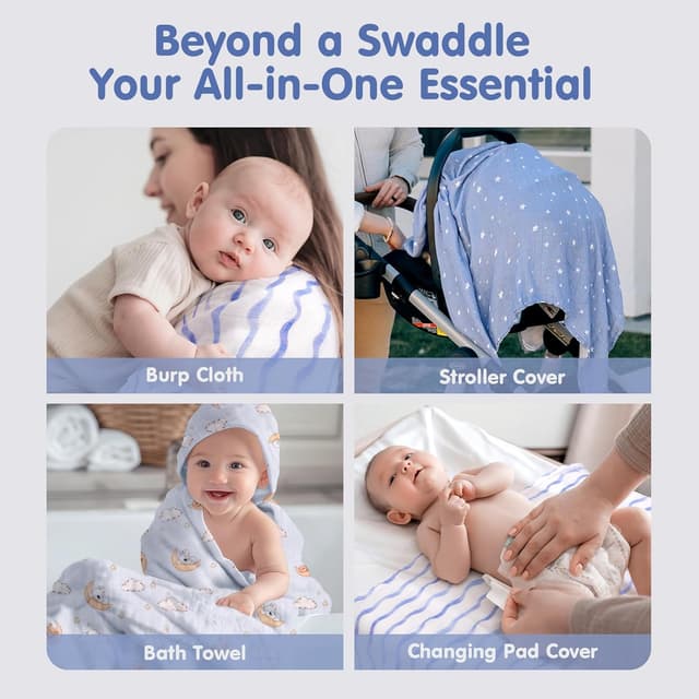 Thumbnail 6 de hahaland Mussole Neonato in cotone e bambù naturale set da 3 pezzi (120x120 cm + 2×100x95 cm)