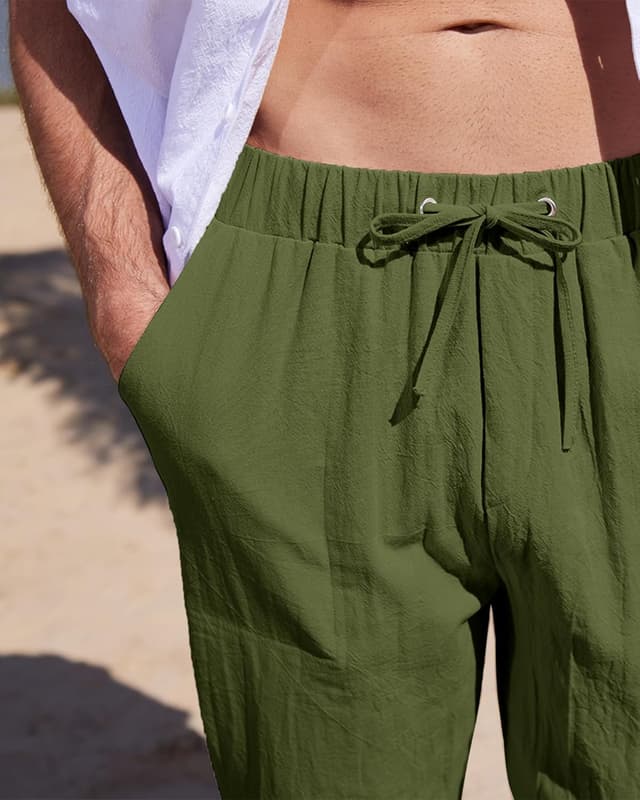 Detalle de YAOHUOLE men’s linen trousers with elasticated waist and drawstring