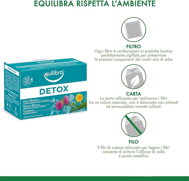 Detalle de Tisana Detox Equilibra con aloe, ortica, bardana, betulla e tarassaco (3 pezzi, 15 filtri)
