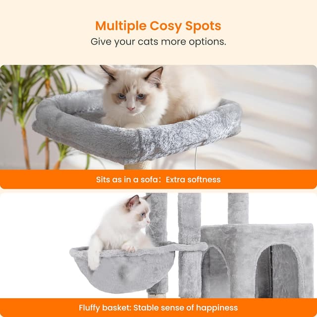 Detalle de Heybly 108cm Cat Tree with Self Groomer Brush and Kitty Condo (Light Gray HCT005SW)
