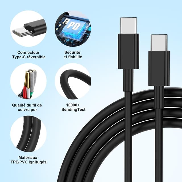 Thumbnail 6 de Chargeur USB‑C 45 W DGVERS (Power Delivery 3.0) + câble USB‑C 3 m pour Samsung Galaxy S25/S24/S23/S22/S21/S20 et autres compatibles
