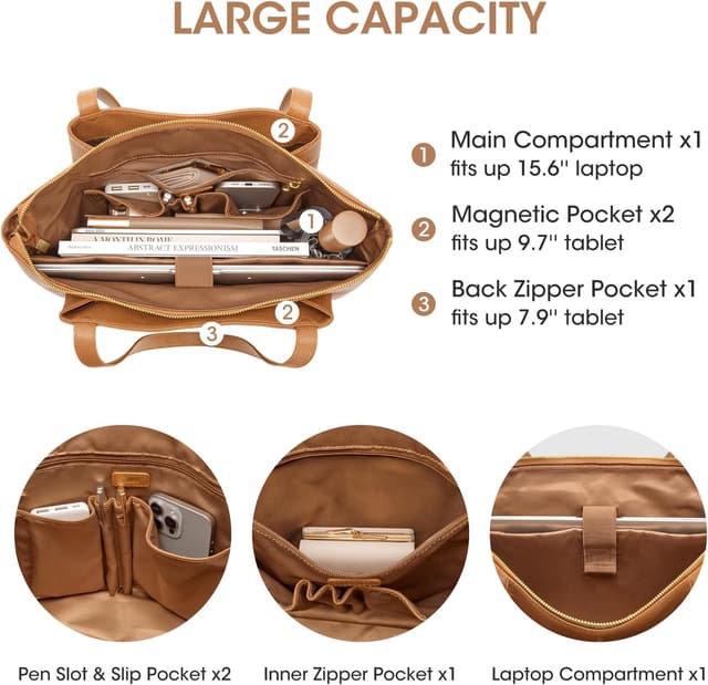 Detalle de Kattee Large Genuine Leather Work Tote Bag for Women with Laptop Compartment