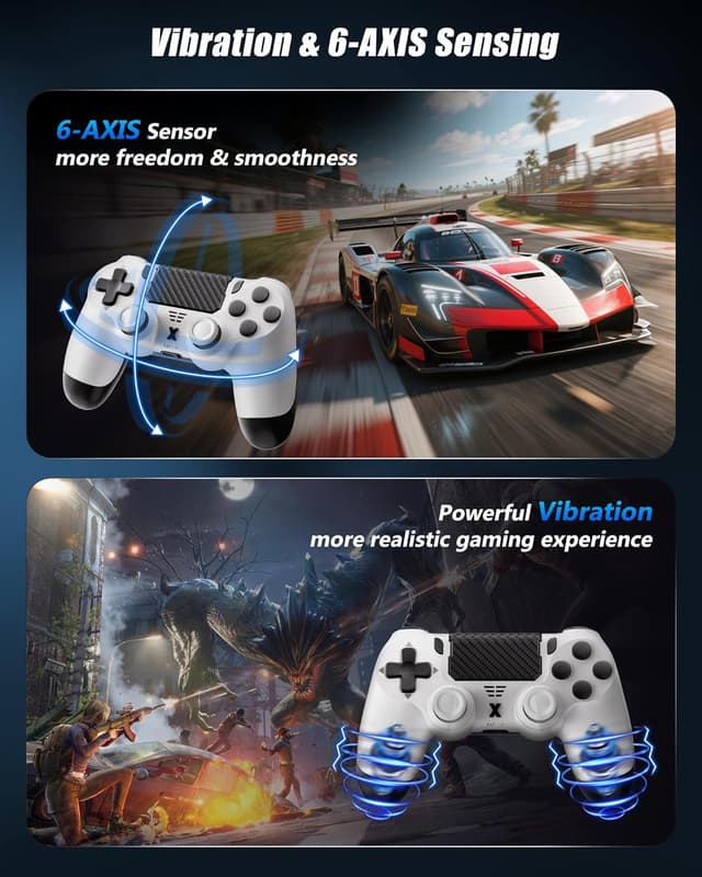 Detalle 2 de RUIZHI Wireless Controller für PS4 (inkl. Turbo, Dual-Vibration, 6-Achsen-Gyro) – für PC/PS4 Pro/PS4 Slim, Weiß (1 Pack)