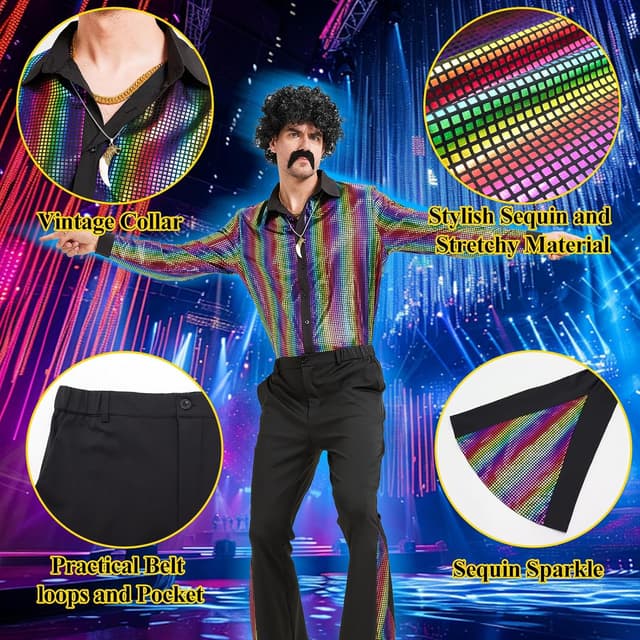 Detalle de Coseaon 70er Jahre Disco Outfit für Herren – Hemd, Schlaghosen, Perücke, Schnurrbart & Accessoires