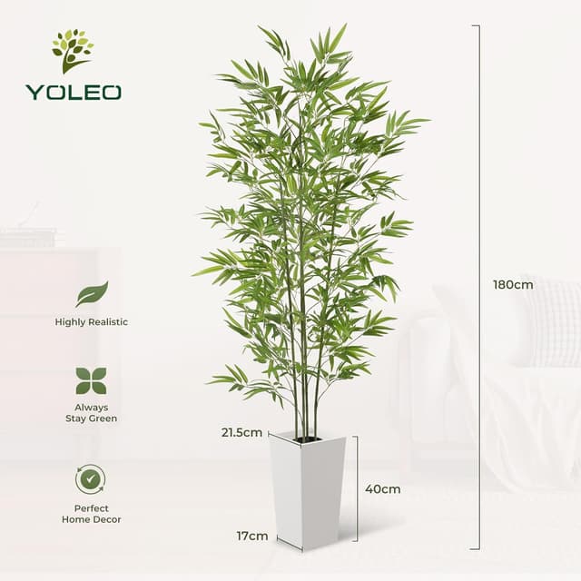 Detalle 2 de YOLEO 6FT Artificial Bamboo Tree with White Tall Planter (180cm) – lifelike faux silk bamboo for indoor and balcony decor