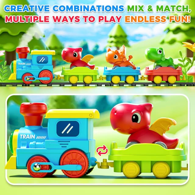 Thumbnail 6 de Train Set for Toddlers with Steam, Music & Lights — Montessori Electric Train Toy with Dinosaur Cars & Tracks