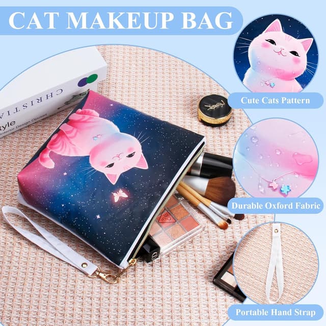 Detalle de BuyCard Cat-Themed Starry Sky Pink Cat Makeup Gift Bag with Zipper