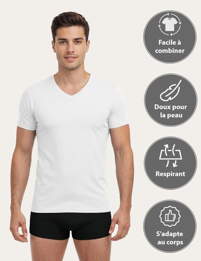 Detalle de Lot de 4 t-shirts ALPIDEX homme col en V (coton/élasthanne) à porter en sous-vêtement