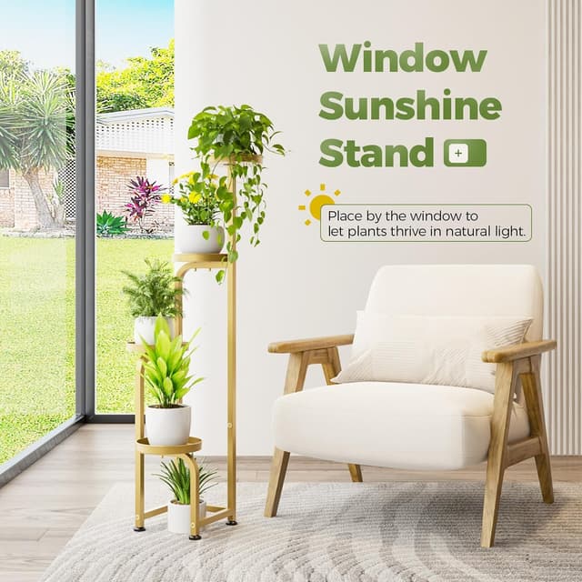 Detalle 2 de Bamworld Porta Piante da interno/esterno con struttura a 4 livelli e drenaggio, modello oro (22,3x22,3x116 cm)