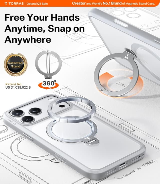 Detalle de TORRAS Q3 Spin Case for iPhone 17 Pro Max with 360° Magnetic Stand & MagSafe, Mist Grey