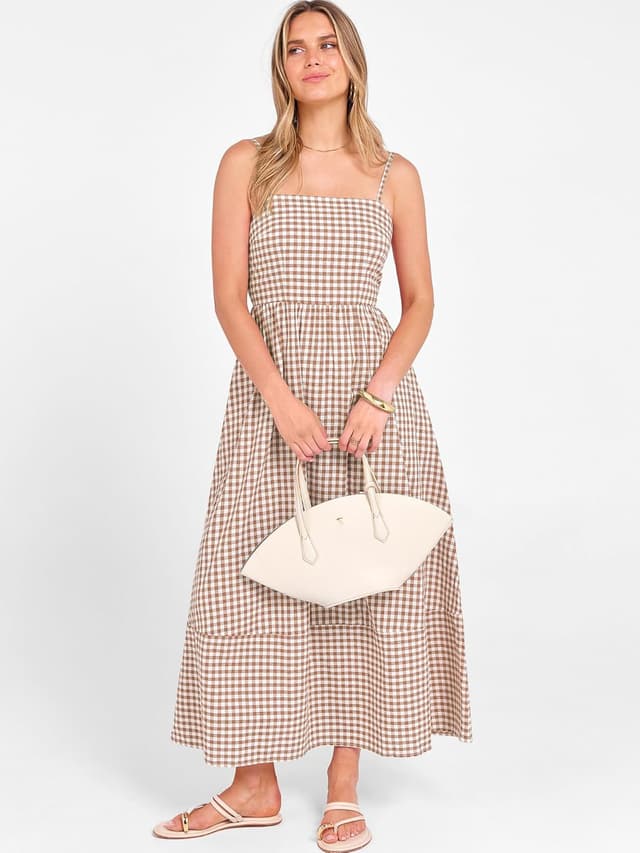 Detalle de Caracilia Women’s Gingham Spaghetti Strap Back Smocked Maxi Dress (Rayon) with Pockets