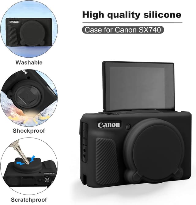 Detalle de BOVKE Hard Case + Silicone Cover for Canon PowerShot SX740 SX730 (Shockproof EVA storage bag, lens cover, wrist strap) – Black + Orange