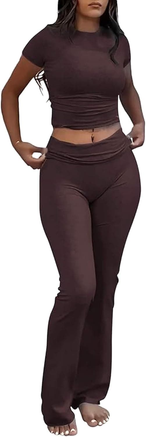Detalle 2 de YETOWA Women’s 2-Piece Lounge Outfit Set: Slim Short-Sleeve Top & Low-Rise Flare Leggings