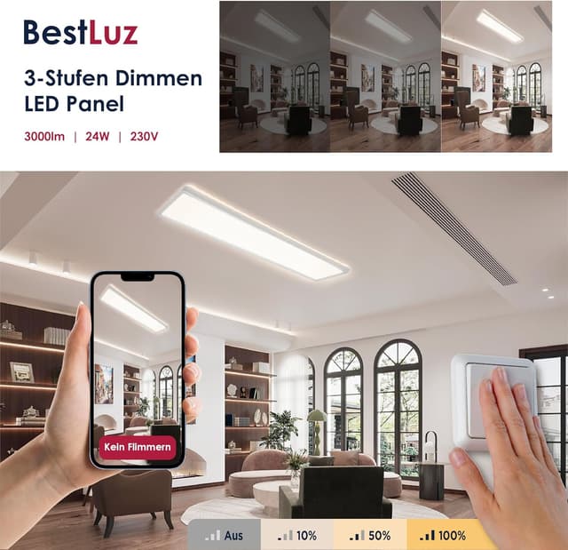 Detalle de BestLuz LED-Deckenleuchte 58x20 cm, dreistufig dimmbar (2er-Set) – IP44, 3.000 lm, 24 W