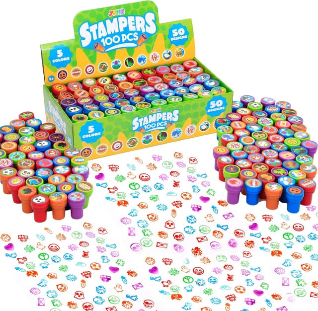 Detalle de JOYIN Kinder-Stempel-Set (100 Stück) mit selbstfärbenden Mini-Stempeln – 50 Motive für Ostereier & Mitgebsel