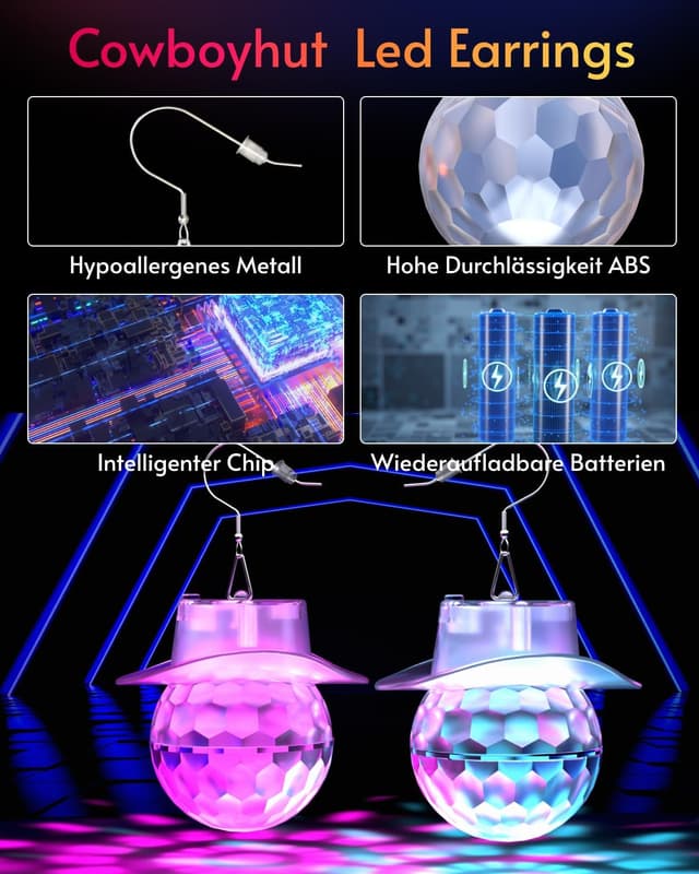Detalle de LED Ohrringe „Rhombic discokugel“ mit 16 Lichtmodi – wiederaufladbar für Disco, Rave & Party Outfits