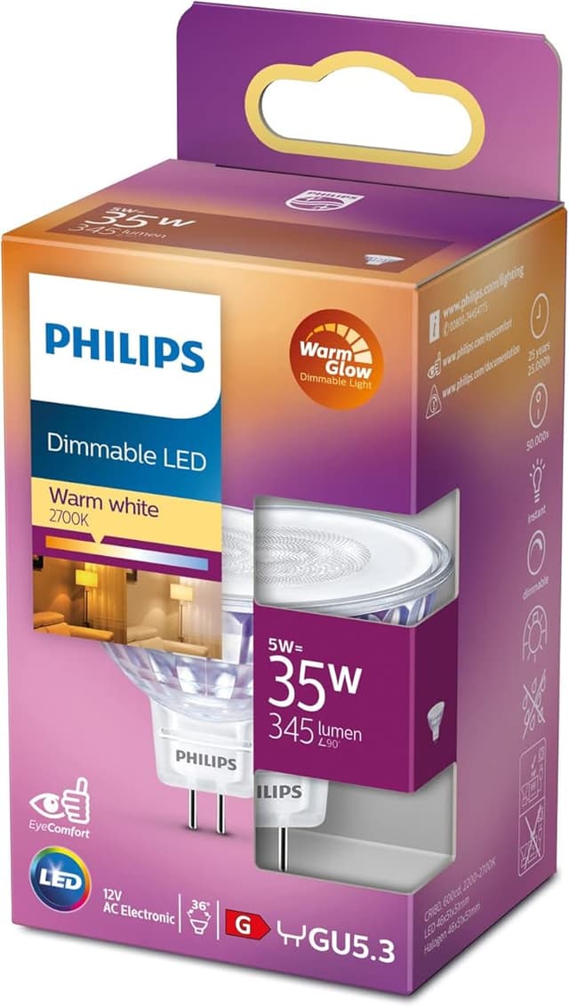Detalle de Philips Bombilla LED Spot GU5.3 35W 🌟 Atenuable Blanco Cálido