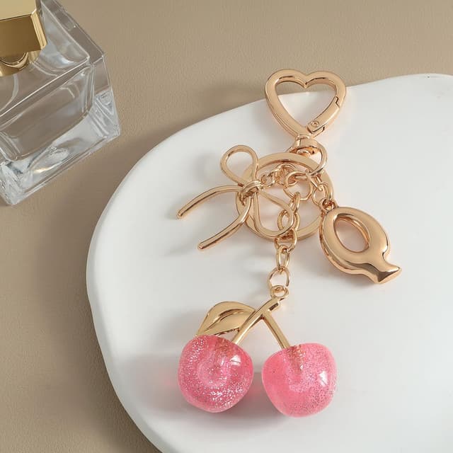 Detalle de Snylcce Pink Cherry Bow Letter Keychain personalised A–Z initial keyring