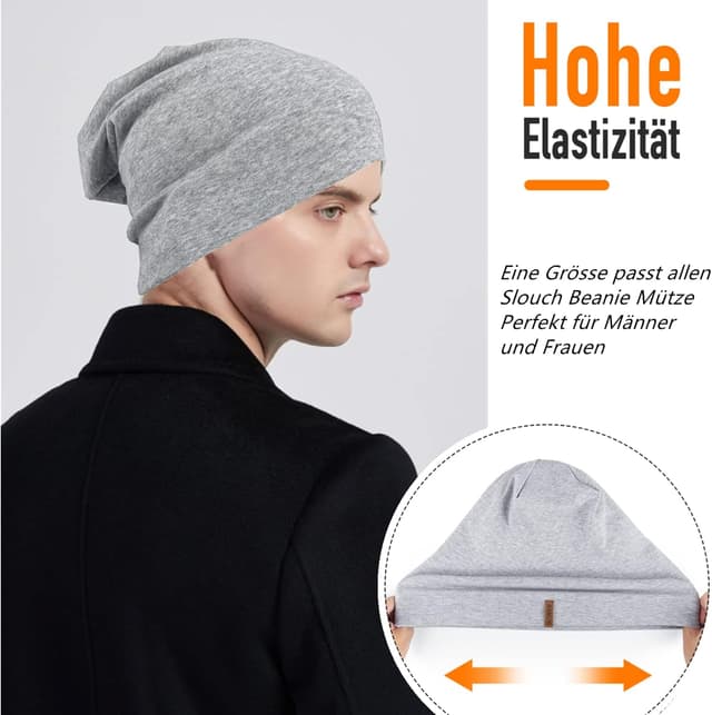 Detalle de Slouch Beanie Mütze aus Baumwolle (95%) für Damen & Herren – weiche Jersey-Longbeanie, elastisch & ganzjährig