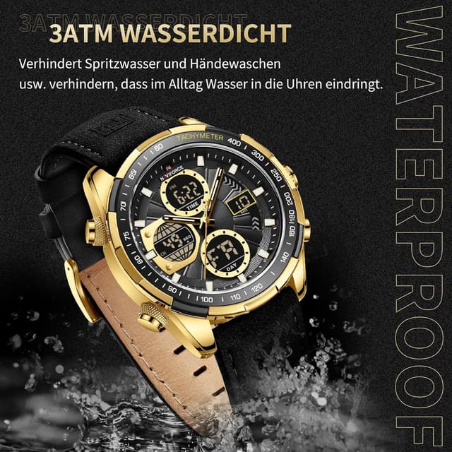 Detalle 1 de Naviforce Herren Militär Digitaluhr mit analogem Quarzwerk, wasserdicht bis 30 m, Lederarmband