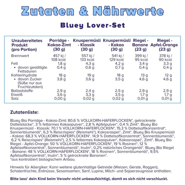 Detalle 2 de 3Bears Bluey Lover-Set Frühstücksset mit Bio Knuspermüsli, Porridge, Müsliriegel & Vorratsgläsern (vegan)