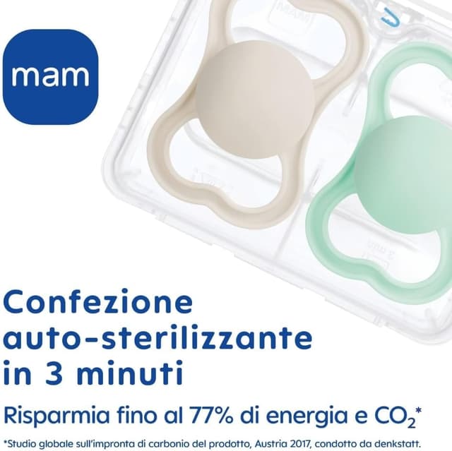 Detalle 2 de MAM Perfect confezione doppia succhietto 16+ mesi (set da 2) in silicone SkinSoft con custodia sterilizzatrice, azzurro