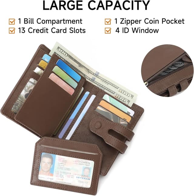 Detalle de SENDEFN RFID Blocking Leather Bifold Wallet with Detachable Card Holder and Zip Coin Pocket