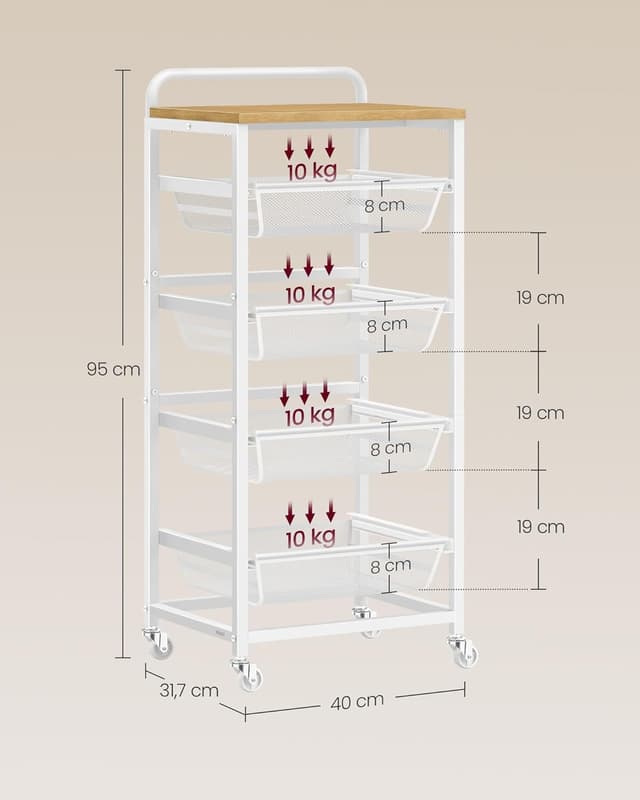 Detalle de VASAGLE Servierwagen LRC041YA01 mit 5 Ebenen: Rollwagen mit herausziehbaren Körben, goldeichenfarben-mattweiß