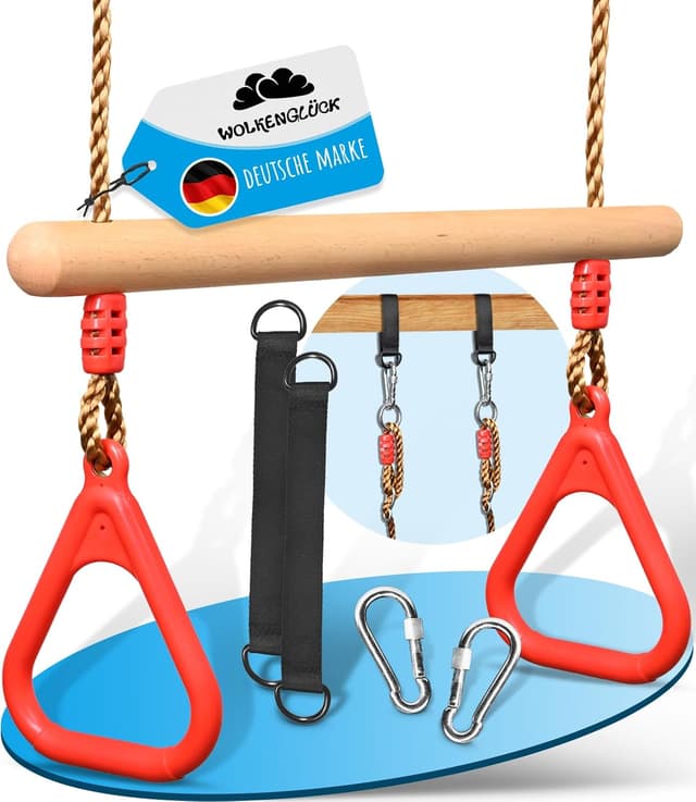 Detalle de WOLKENGLÜCK Trapez Schaukel für Kinder (2-in-1) mit Holztrapez und 2 Turnringen – höhenverstellbar 120 bis 150 cm, bis 150 kg