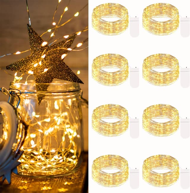 Detalle de btfarm 8er Set Mini-Lichterkette mit Batterie (20 Warmweiß-LEDs je Kette, 2 m Silberdraht, CR2032)