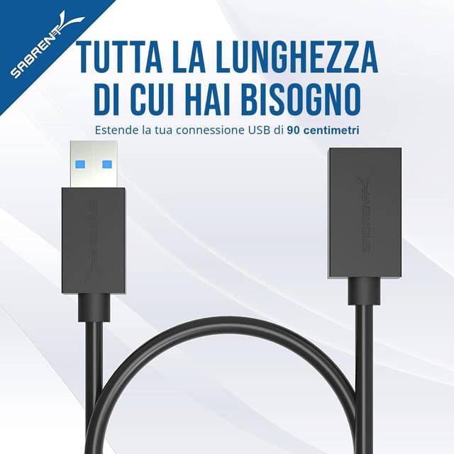 Detalle de SABRENT Cavo Prolunga USB 3.2 Gen1 0,9 m (CB-3030) maschio a femmina, nero
