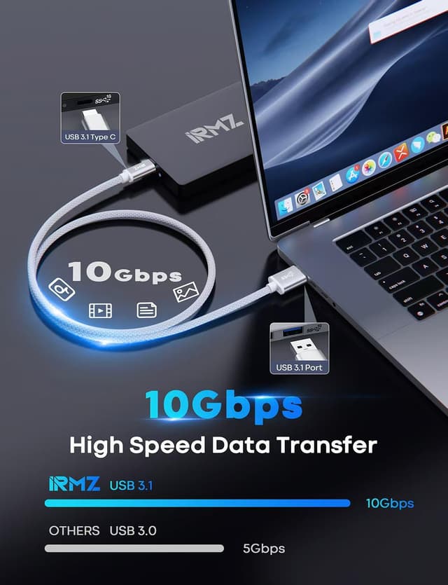 Detalle 2 de USB-C Data Cable 6ft (USB 3.1 Gen 2) 10Gbps USB-A to USB-C for iPhone, Galaxy, Android Auto, and Portable SSDs