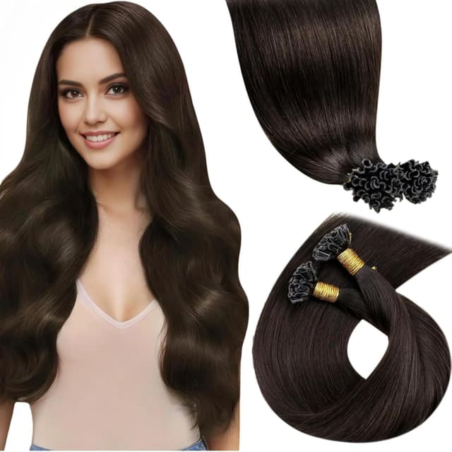 Detalle de LaaVoo Bondings Extensions Echthaar Dunkelbraun mit Keratin-Bondings (60 cm, 50 g, #2)
