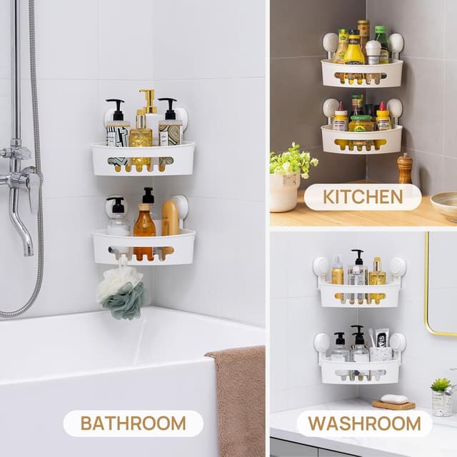 Detalle de LEVERLOC Corner Shower Caddy Suction Cup 2 Pack (Triangle Shelf, No Drilling) – White