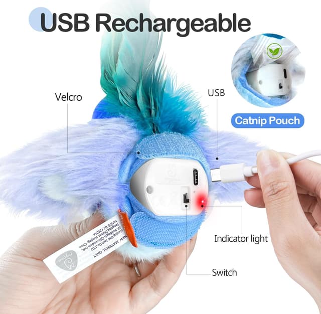 Detalle de Migipaws Cat Toys Interactive Lifelike Flapping Bird with Catnip (clamp-on hanging & USB rechargeable)