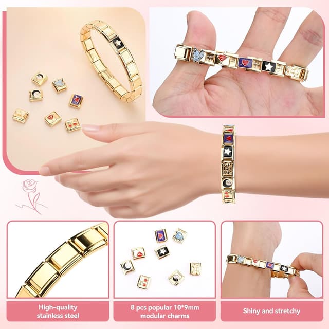 Detalle de Ouxayapl Italian Charm Armband Gold-Set mit 18 Grundgliedern, 8 Charms und Öffnungswerkzeug (DIY)