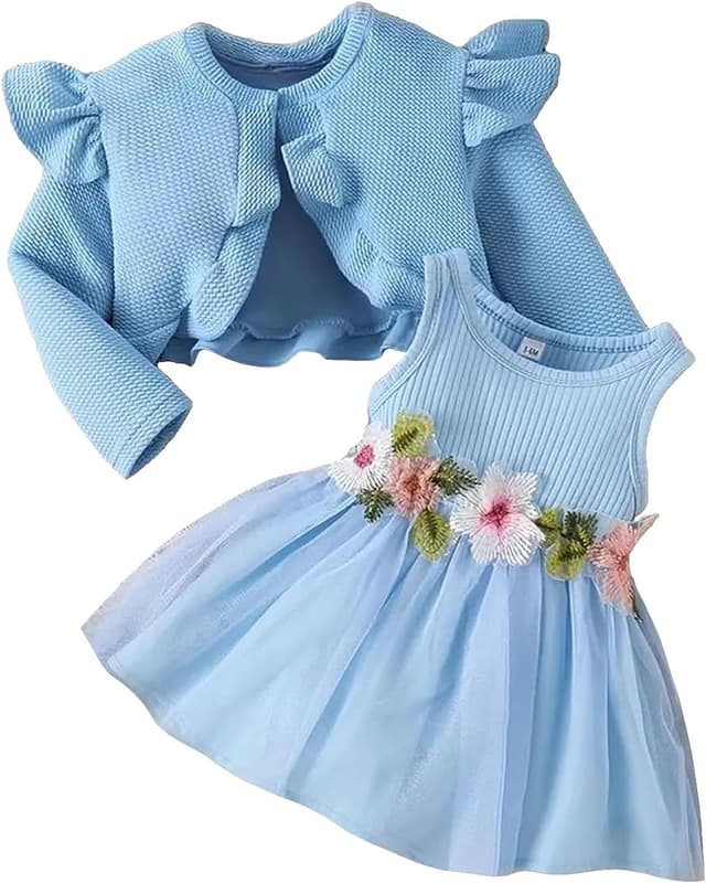 Thumbnail 6 de JiAmy 2-Piece Baby Girls Dress and Cardigan Set (Sleeveless Floral Dress + Ruffle Cardigan) for 3 Months–3 Years