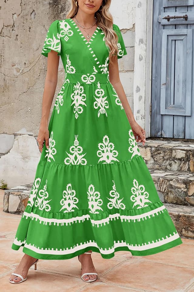 Detalle 2 de PRETTYGARDEN Womens 2026 Summer Boho V-Neck Maxi Dress with Pockets, Tiered Floral A-Line Bell Sleeves