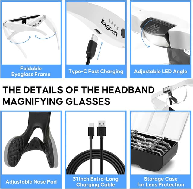 Detalle de Exgoon Magnifying Glasses with Light (1.5X to 5X) with 4 Detachable Lenses, Rechargeable Headband Magnifier – White