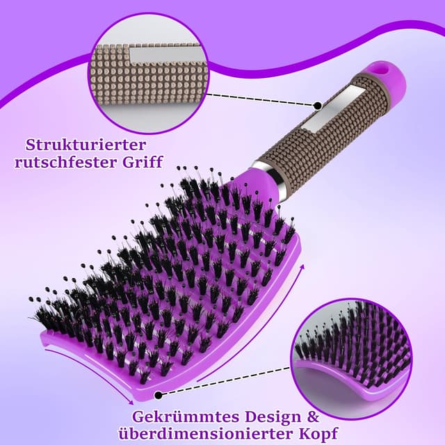 Detalle de Haarbürste ohne Ziepen – Wildschweinborsten Extensions-Bürste mit Aufhängeloch, lila