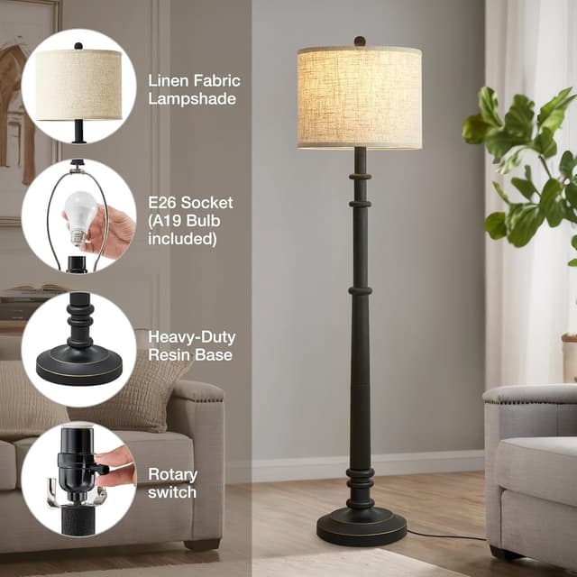 Detalle de EJIAXIN 60" Resin Farmhouse Floor Lamp with Adjustable Color Temperatures (Black, Linen Shade)