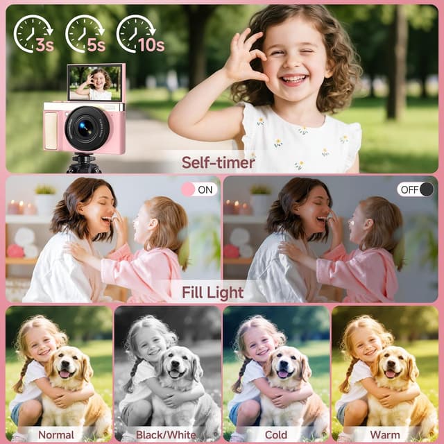 Detalle 2 de 4K 64MP Digital Camera (Pink) with 32GB TF Card, 3" 180° Flip Screen, Autofocus & 16x Zoom